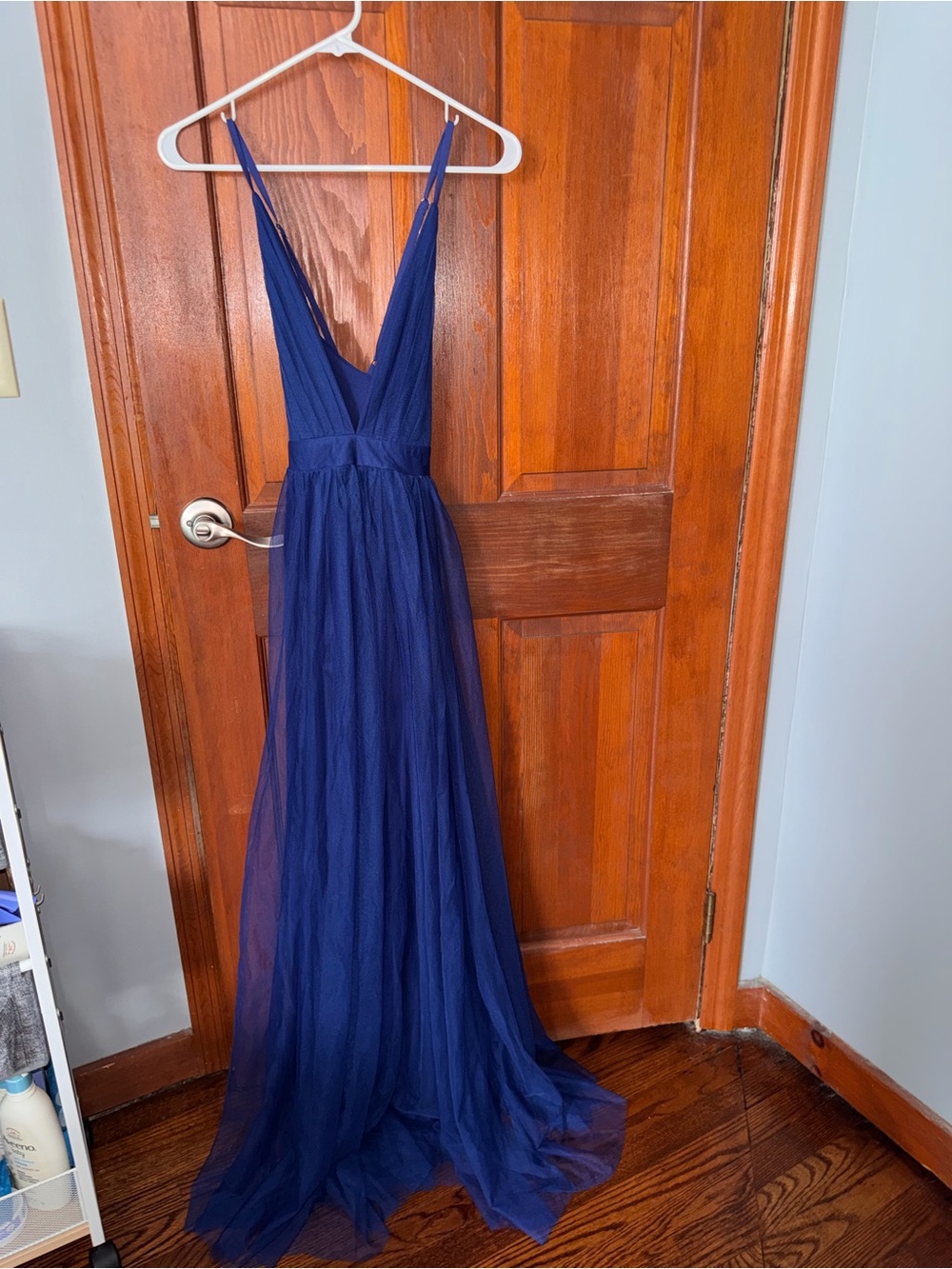 Deep Blue Spaghetti-Strap Tulle Prom Gown
